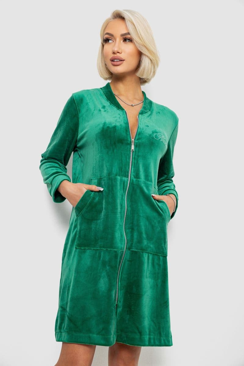 Халат жіночий велюровий на блискавці, колір зелений, 257R1022 - зображення 1