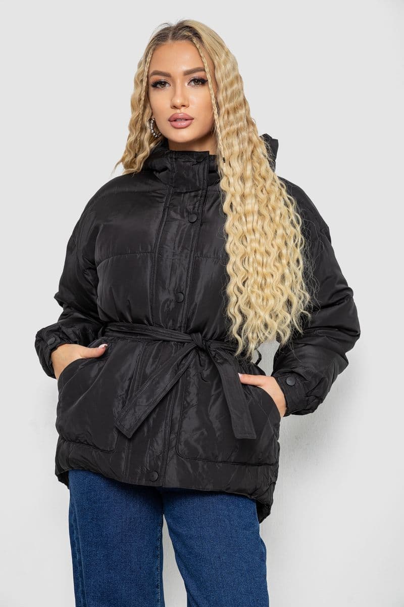 Куртка жіноча демісезонна з поясом, колір чорний, 207R2023 - зображення 1