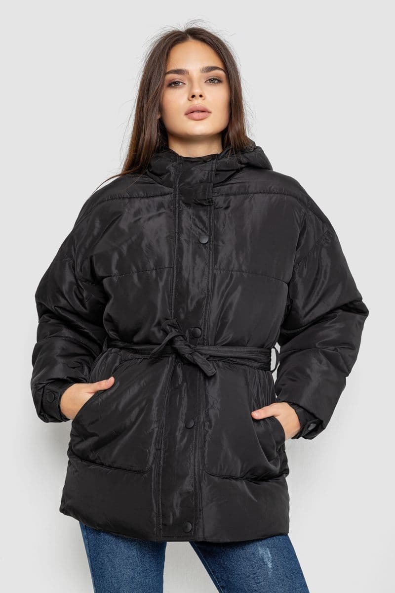 Куртка жіноча демісезонна з поясом, колір чорний, 207R005 - зображення 1