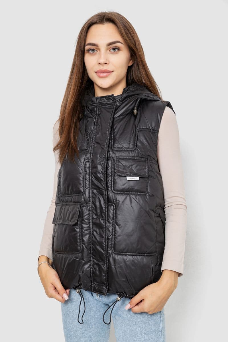 Жилет жіночий однотонний з капюшоном, колір чорний, 244R810 - зображення 1