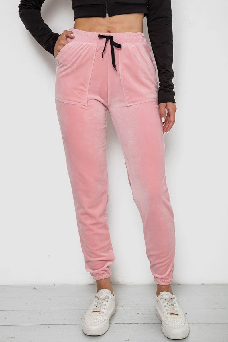 Штани жіночі велюрові, колір рожевий, 238R58168 - зображення 1