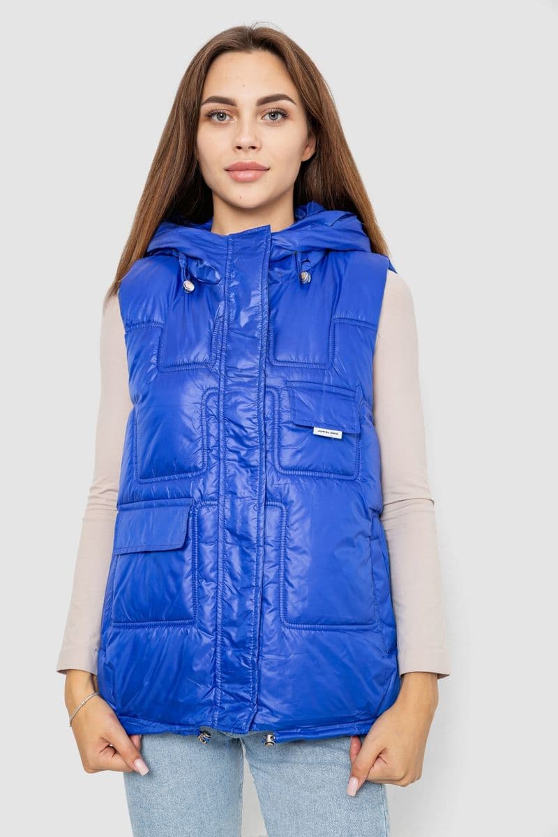 Жилет жіночий однотонний з капюшоном, колір синій, 244R810 - зображення 1
