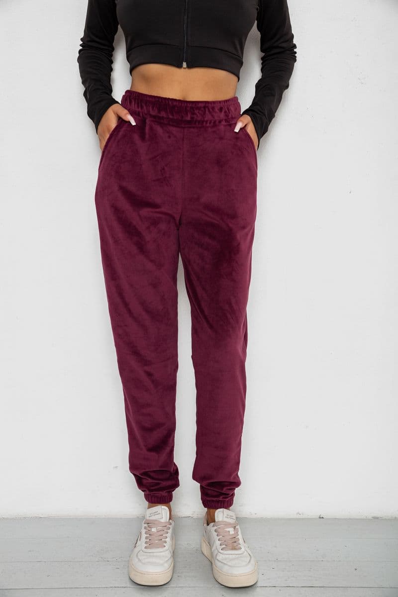 Спортивні штани жіночі велюрові на флісі, колір бордовий, 238R58646-1 - зображення 1