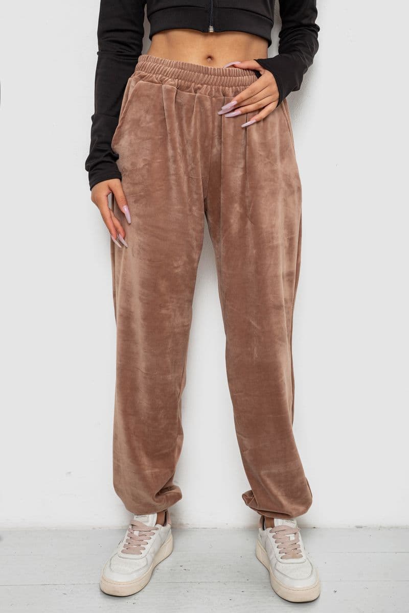 Спортивні штани жіночі велюрові, колір бежевий, 238R58646 - зображення 1