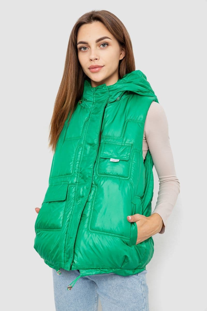 Жилет жіночий однотонний з капюшоном, колір зелений, 244R810 - зображення 1