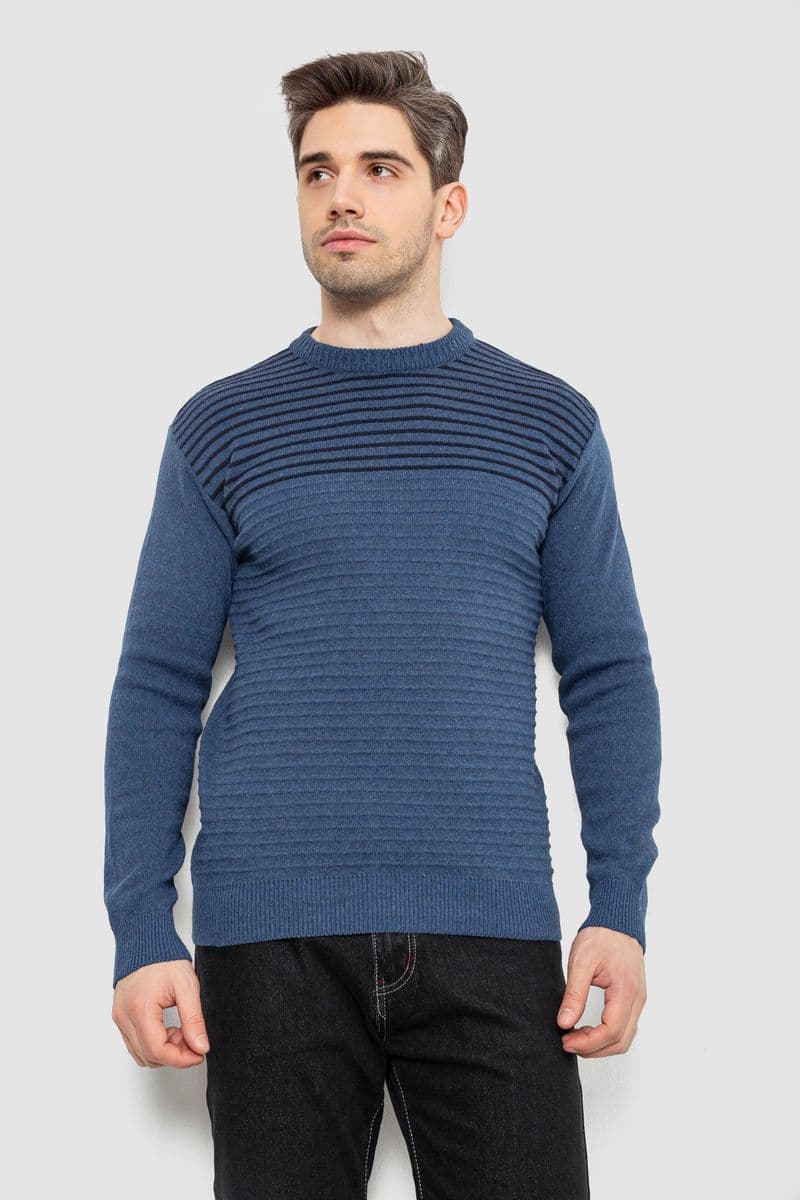 Светр чоловічий в смужку, колір джинс, 161R1029 - зображення 1
