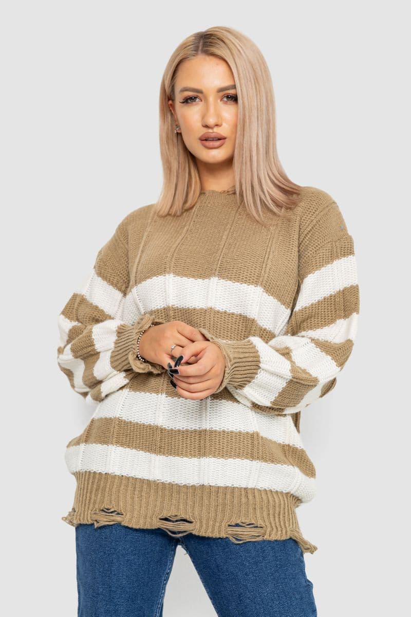 Светр жіночий в смужку, колір бежево-білий, 244RA111 - зображення 1