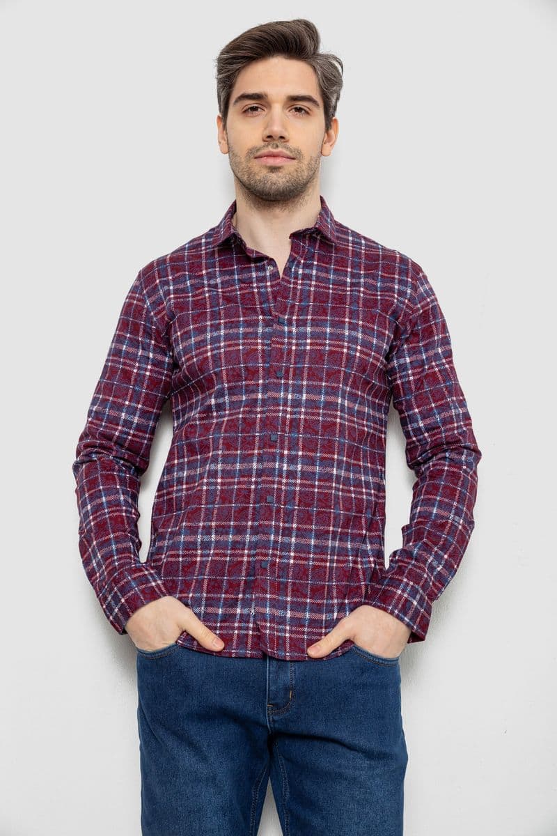 Сорочка чоловіча в клітинку з принтом, колір бордовий, 186R6917-10 - зображення 1