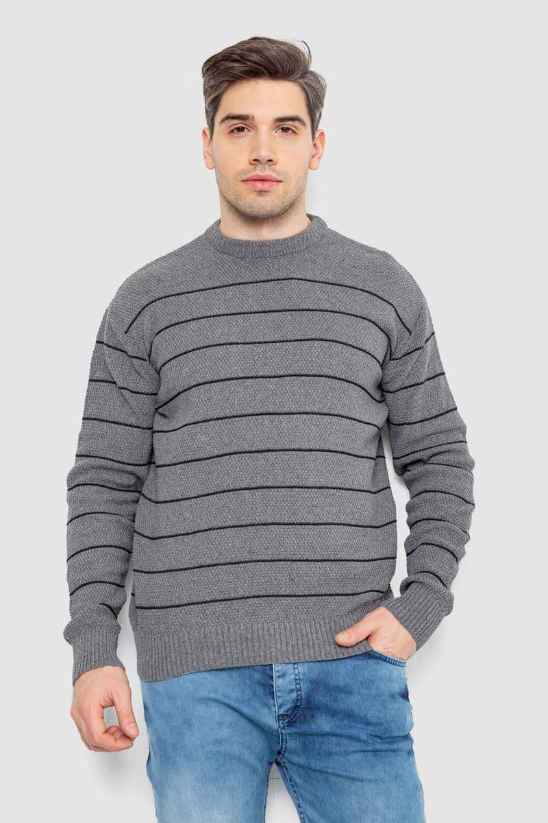Светр чоловічий в смужку, колір сірий, 161R1057 - зображення 1