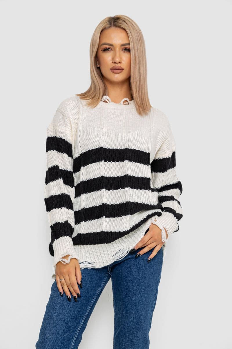 Светр жіночий в смужку, колір біло-чорний, 244RA111 - зображення 1