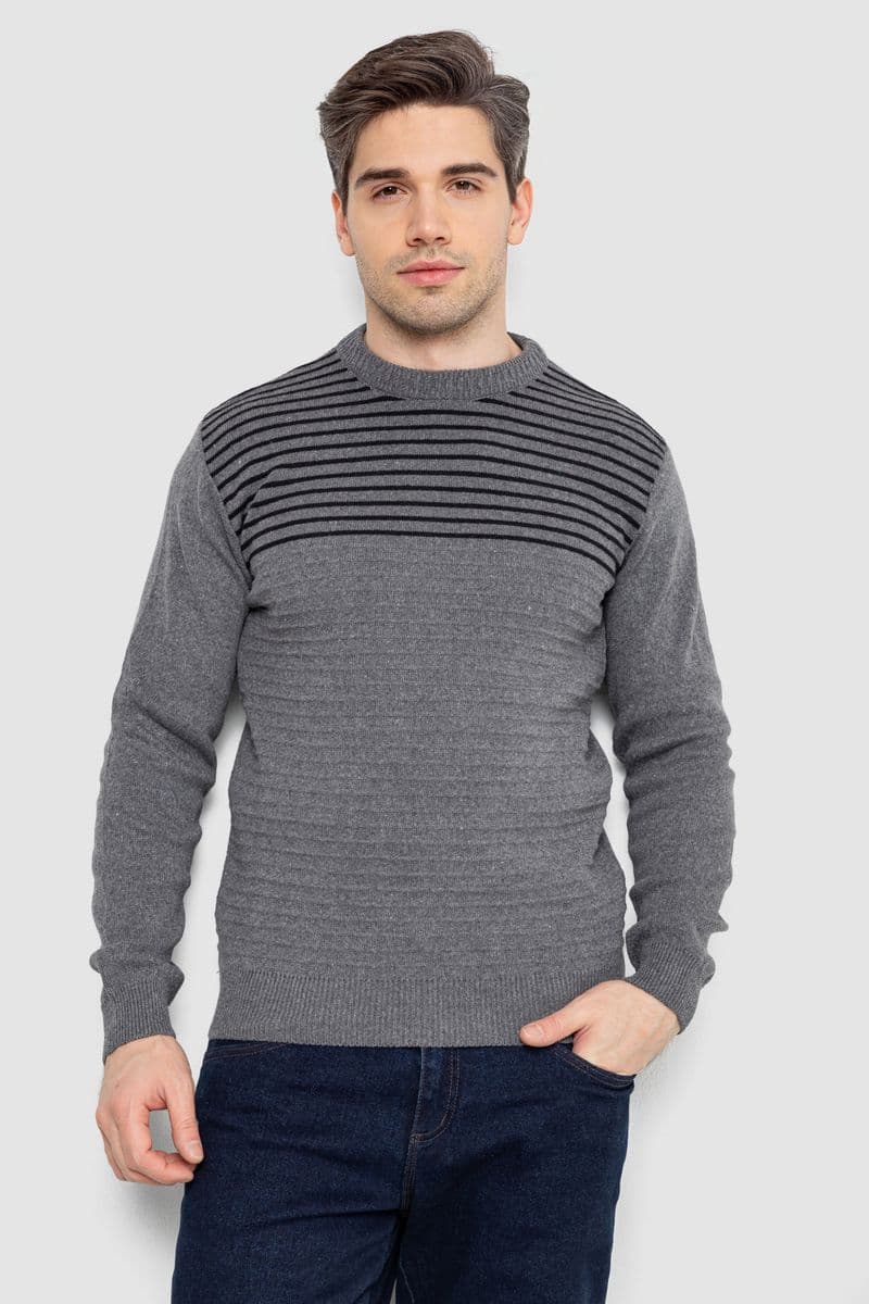 Светр чоловічий в смужку, колір сірий, 161R1029 - зображення 1