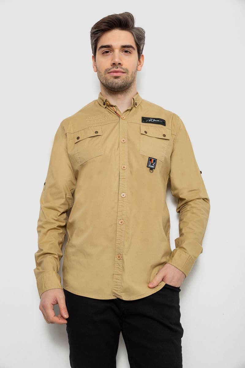 Сорочка чоловіча однотонна з принтом, колір бежевий, 186R01 - зображення 1