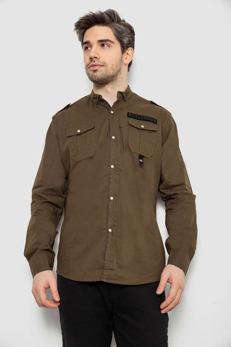 Сорочка чоловіча однотонна з принтом, колір хакі, 186R02 - зображення 1