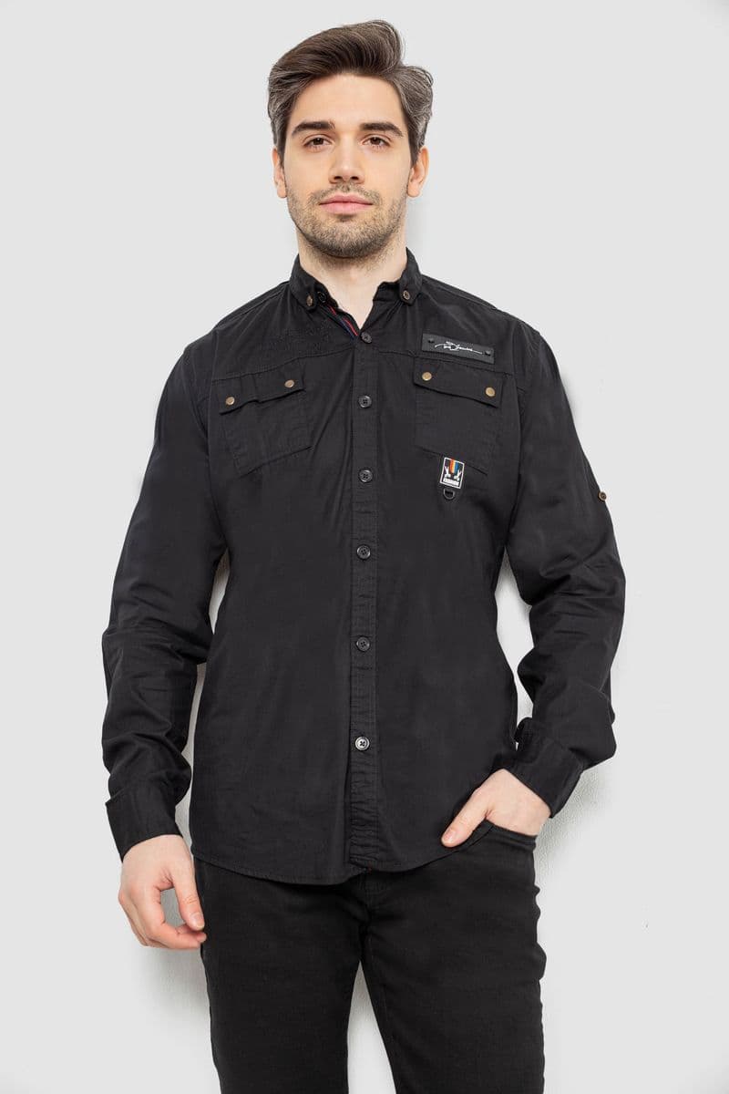 Сорочка чоловіча однотонна з принтом, колір чорний, 186R01 - зображення 1