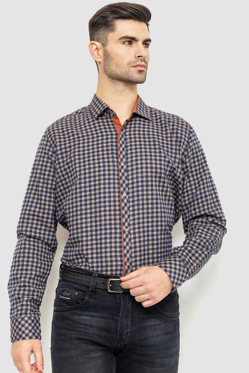 Сорочка чоловіча в клітинку байкова, колір синьо-коричневий, 214R16-33-164 - зображення 1