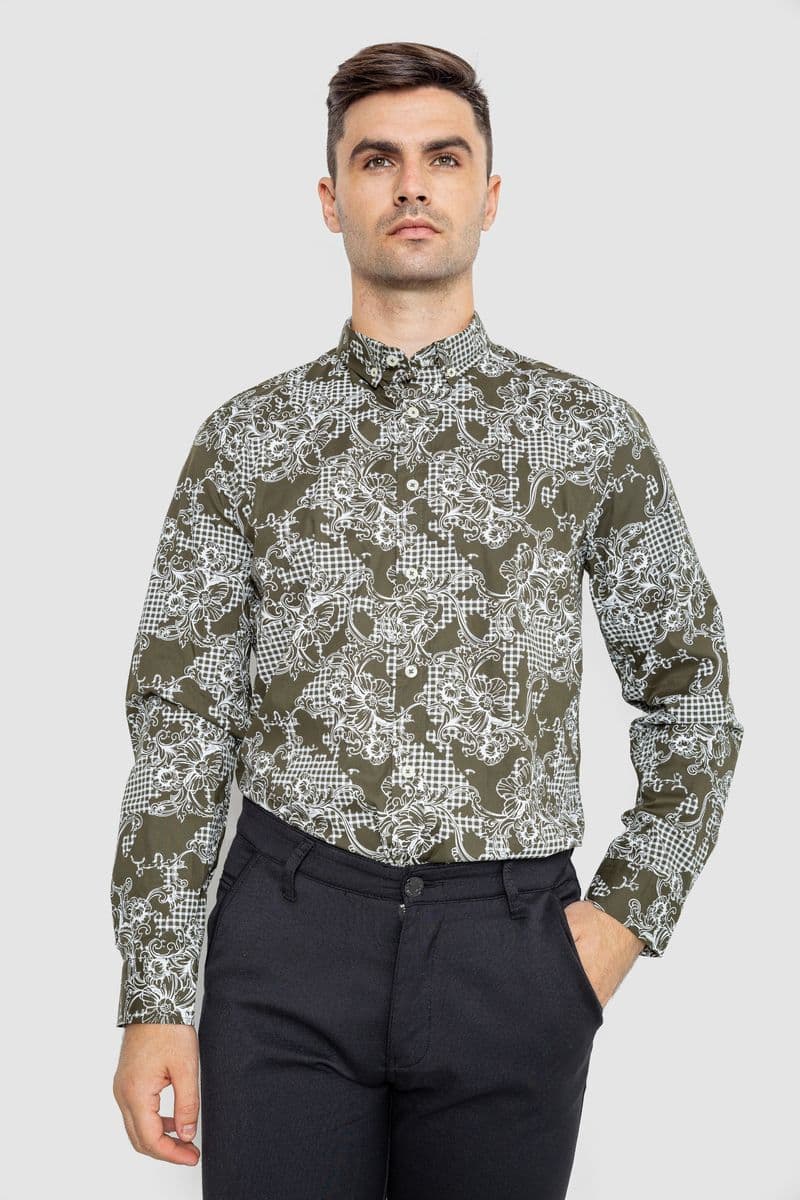 Сорочка чоловіча з принтом, колір оливково-білий, 247R115 - зображення 1