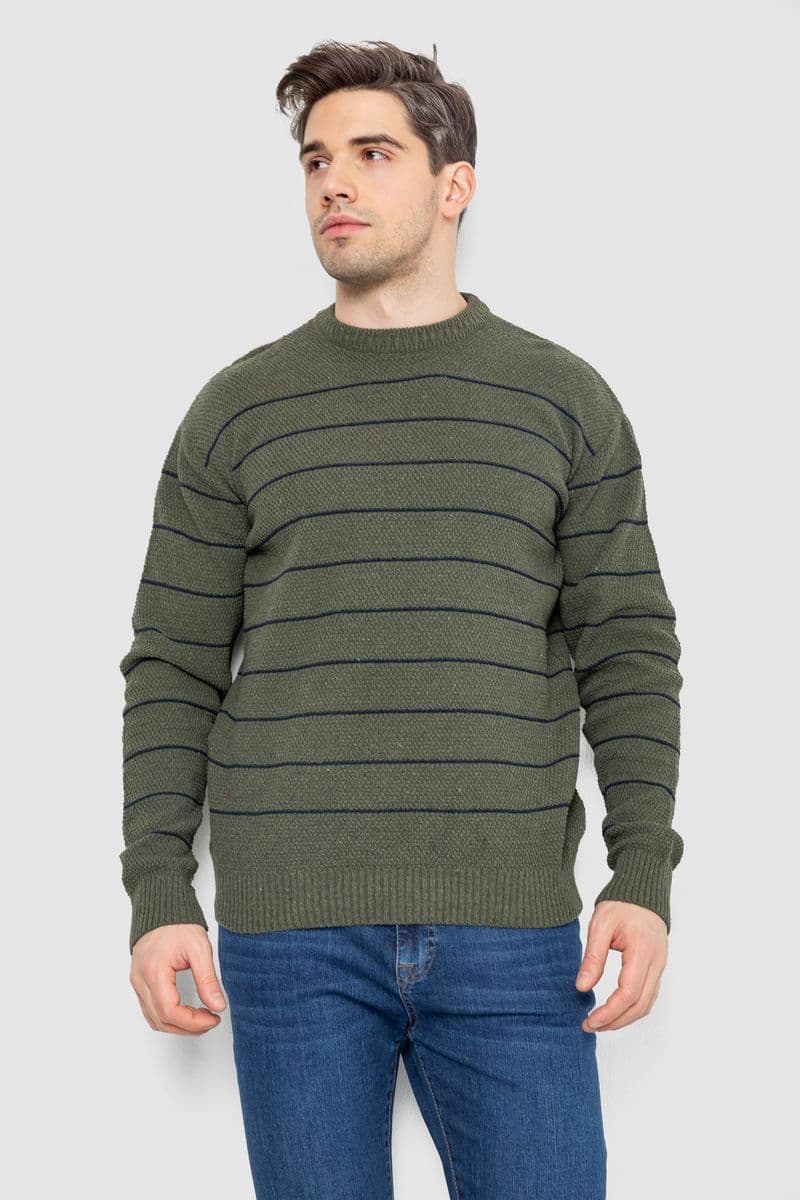 Светр чоловічий в смужку, колір хакі, 161R1057 - зображення 1