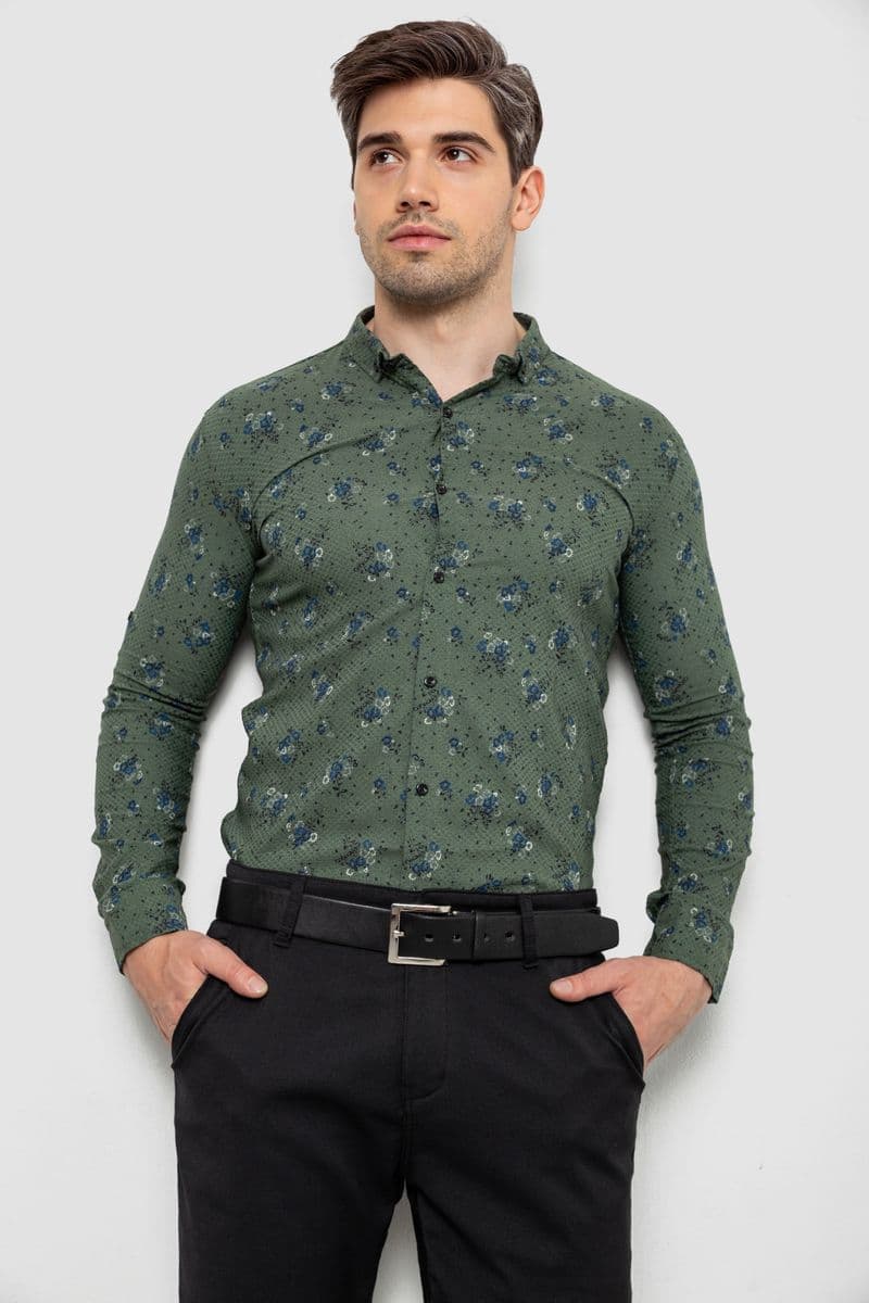 Сорочка чоловіча з принтом, колір хакі, 214R1043 - зображення 1