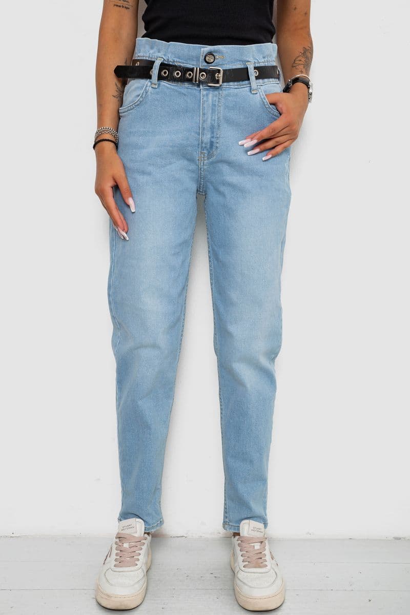 Джинси жіночі з поясом на резинці, колір блакитний, 244R00154 - зображення 1