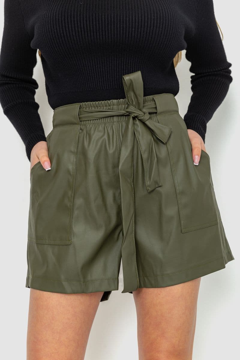 Шорти жіночі з екошкіри, колір хакі, 102R295-1 - зображення 1