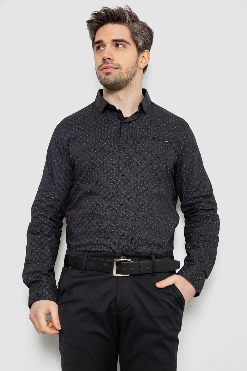 Сорочка чоловіча однотонна з принтом, колір чорний, 186R2008 - зображення 1