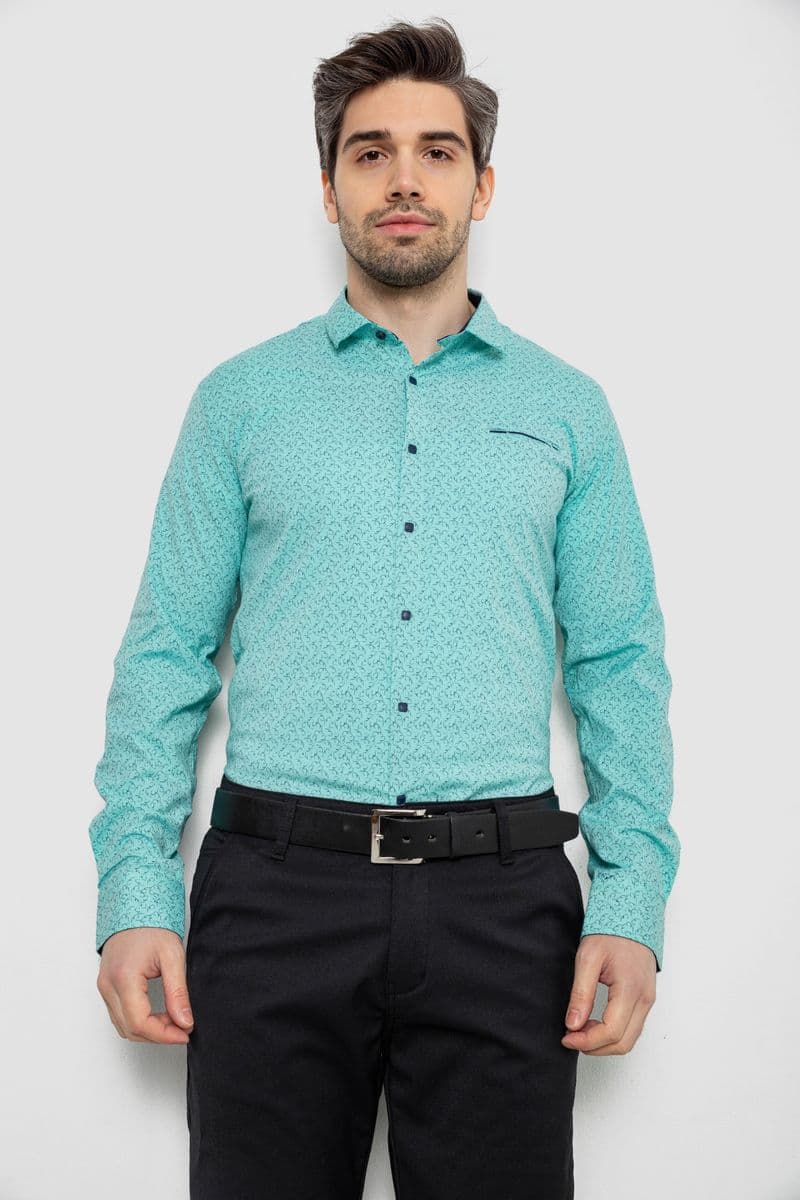 Сорочка чоловіча однотонна з принтом, колір бірюзовий, 186R2028 - зображення 1
