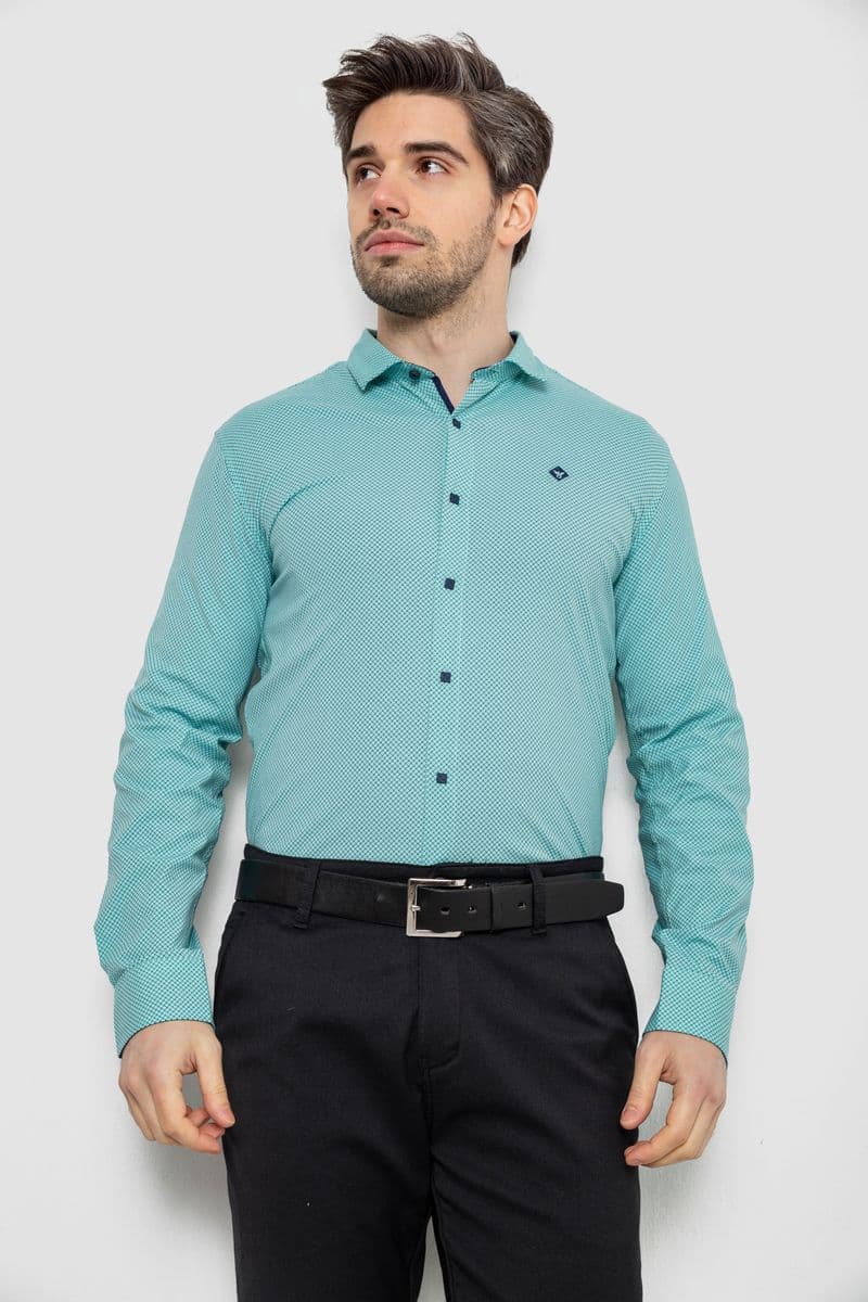 Сорочка чоловіча однотонна з принтом, колір бірюзовий, 186R2029 - зображення 1