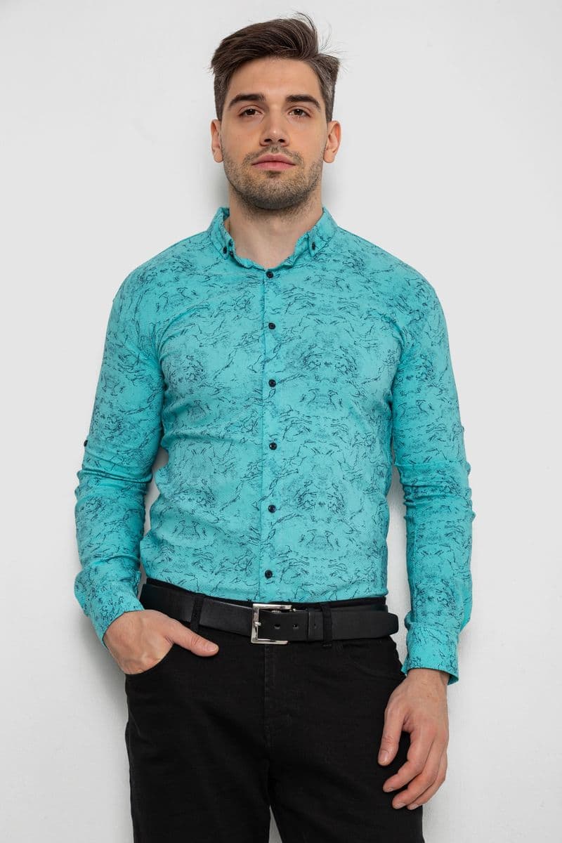 Сорочка чоловіча з принтом стрейч, колір бірюзовий, 214R1054 - зображення 1