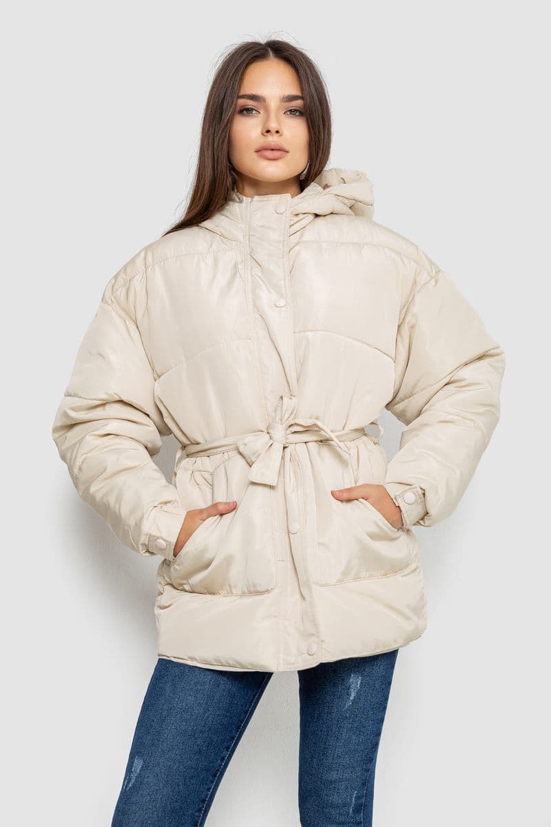 Куртка жіноча демісезонна з поясом, колір світло-бежевий, 207R005 - зображення 1