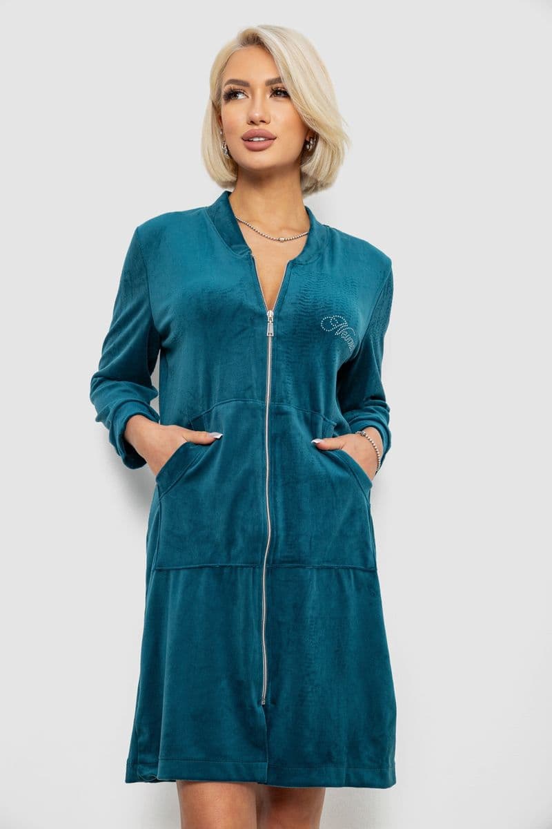 Халат жіночий велюровий на блискавці, колір смарагдовий, 257R1022 - зображення 1