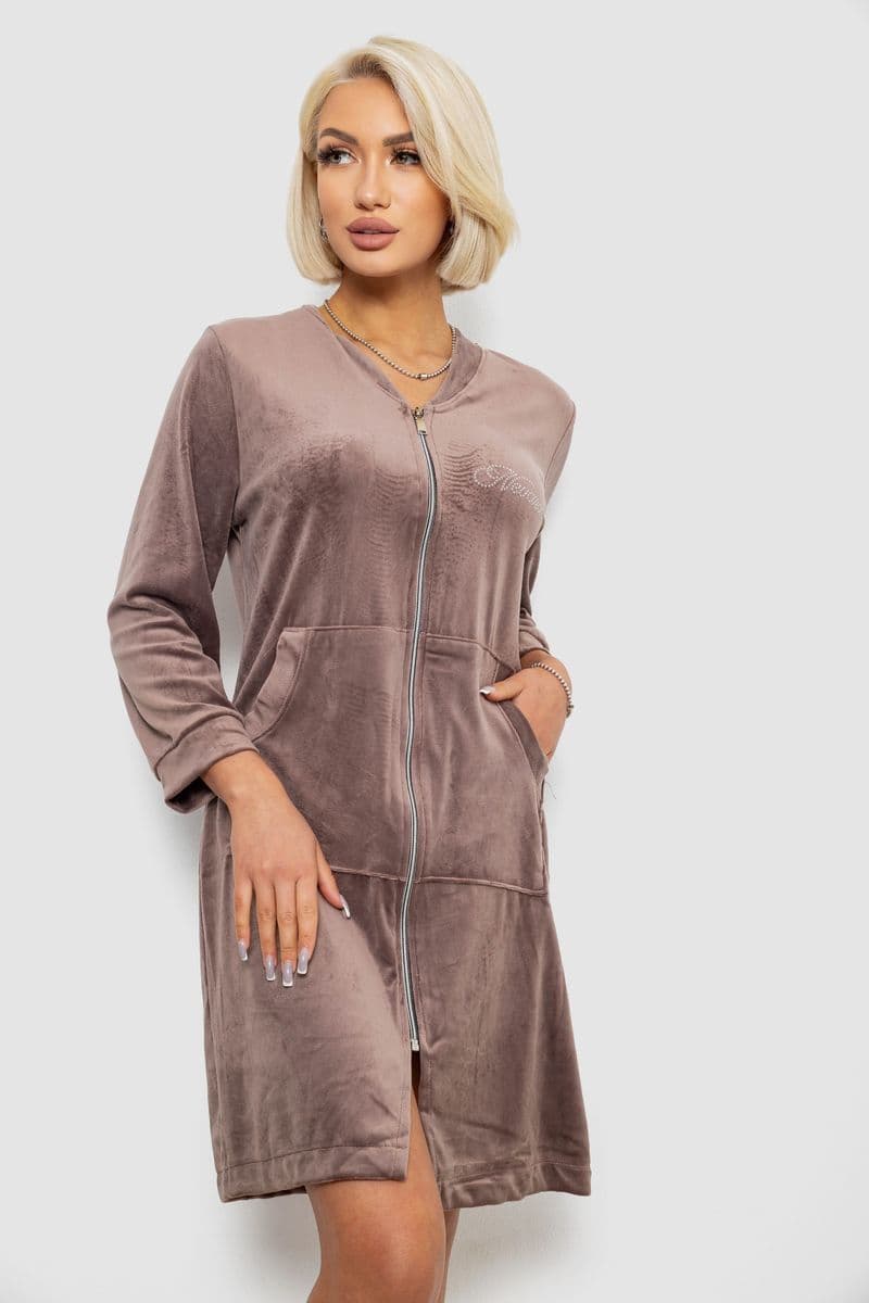 Халат жіночий велюровий на блискавці, колір мокко, 257R1022 - зображення 1
