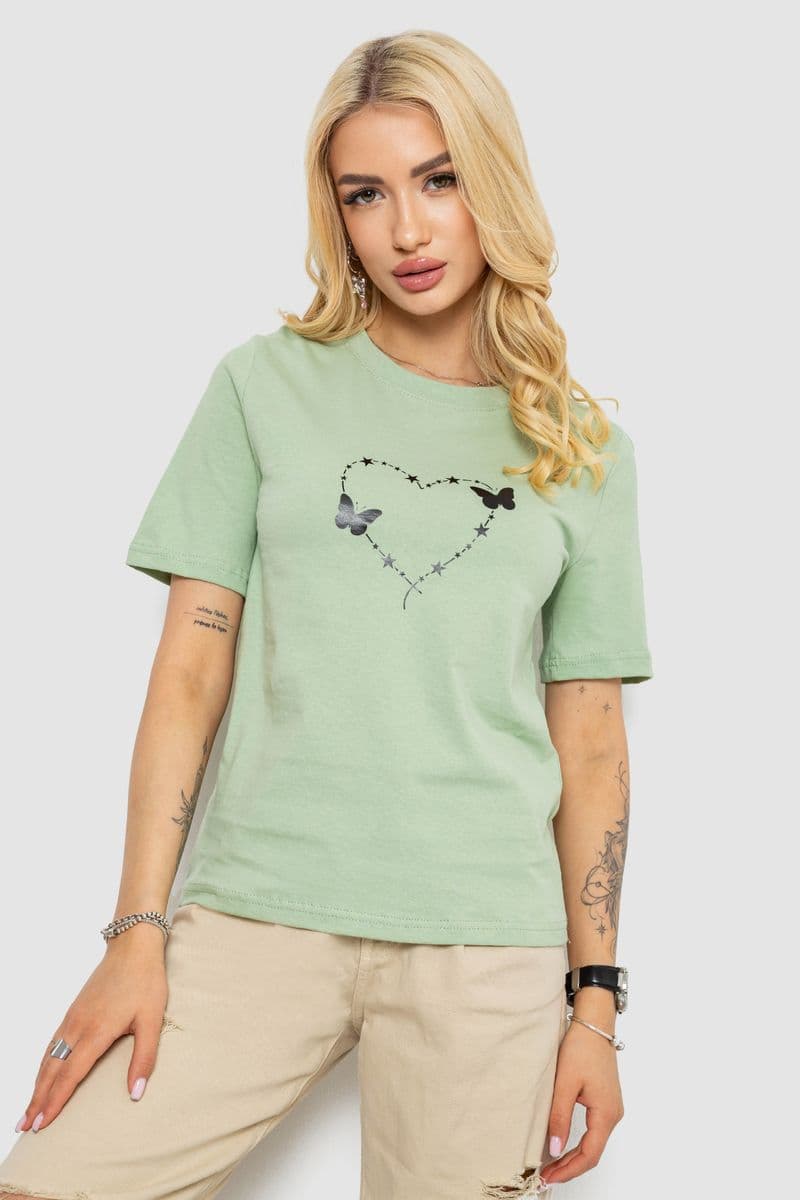 Жіноча футболка з принтом, колір оливковий, 241R125 - зображення 1