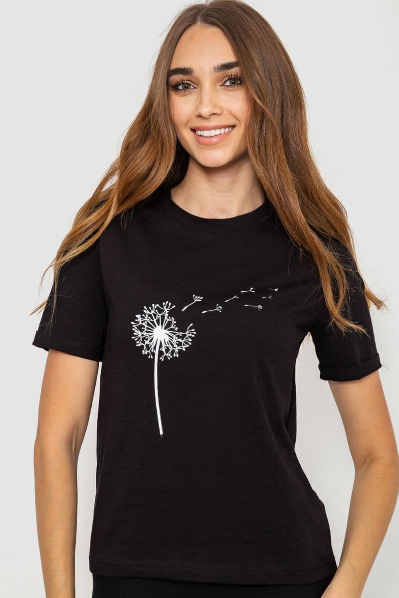 Жіноча футболка з принтом, колір чорний, 241R124 - зображення 1