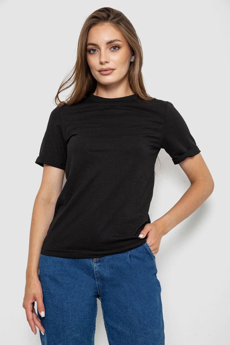 Футболка жіноча однотонна, колір чорний, 238R111-1 - зображення 1