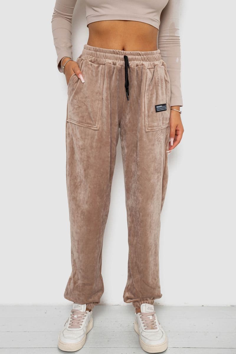 Спортивні штани велюрові жіночі на флісі, колір бежевий, 238R58645 - зображення 1