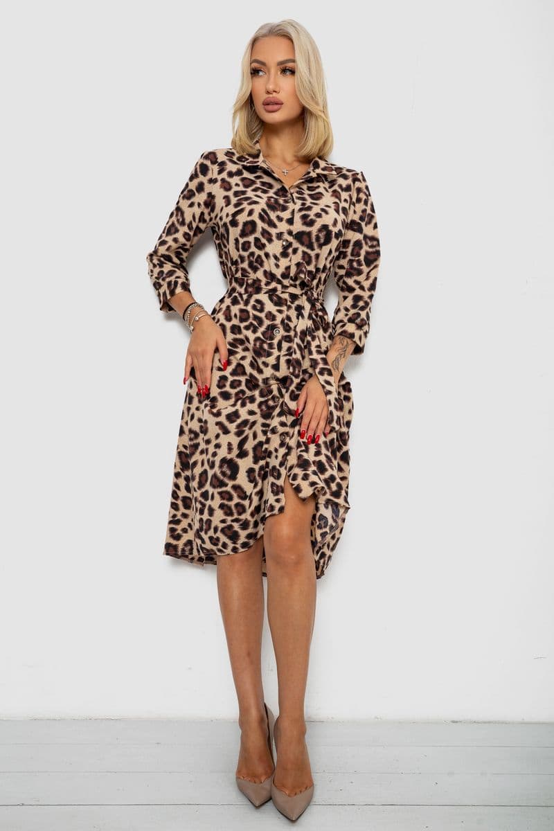 Сукня софт на ґудзиках з принтом, колір бежево-коричневий, 230R117 - зображення 1