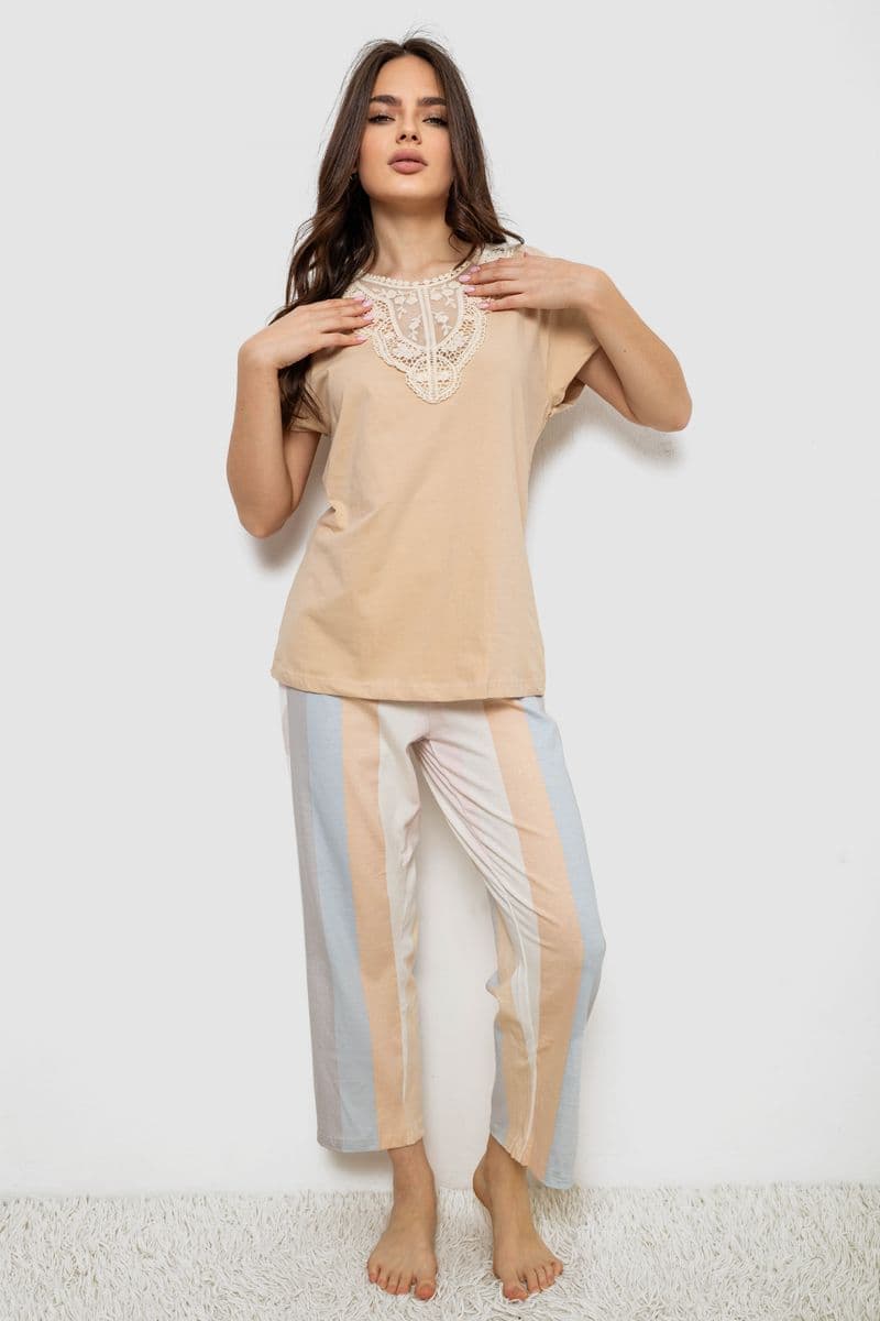 Піжама жіноча з принтом, колір бежевий, 243R1600-019 - зображення 1