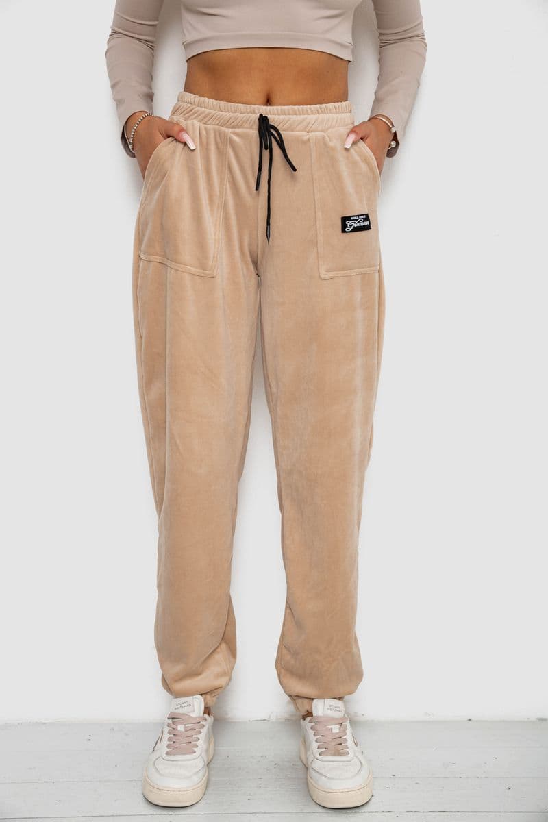 Спортивні штани велюрові жіночі, колір світло-бежевий, 238R58649-1 - зображення 1