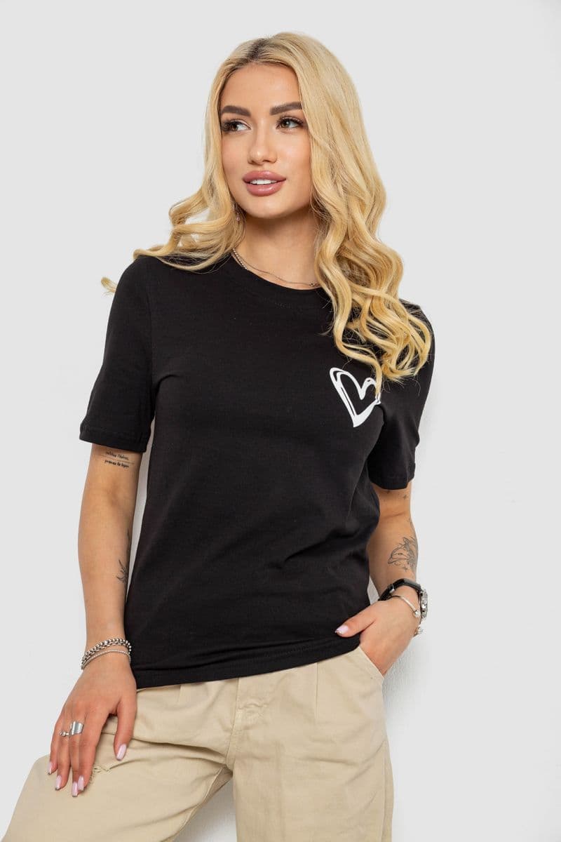 Жіноча футболка з принтом, колір чорний, 241R128 - зображення 1