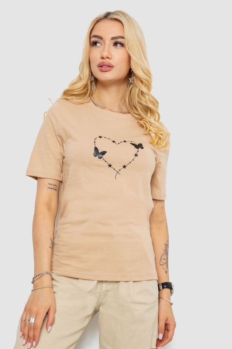Жіноча футболка з принтом, колір бежевий, 241R125 - зображення 1