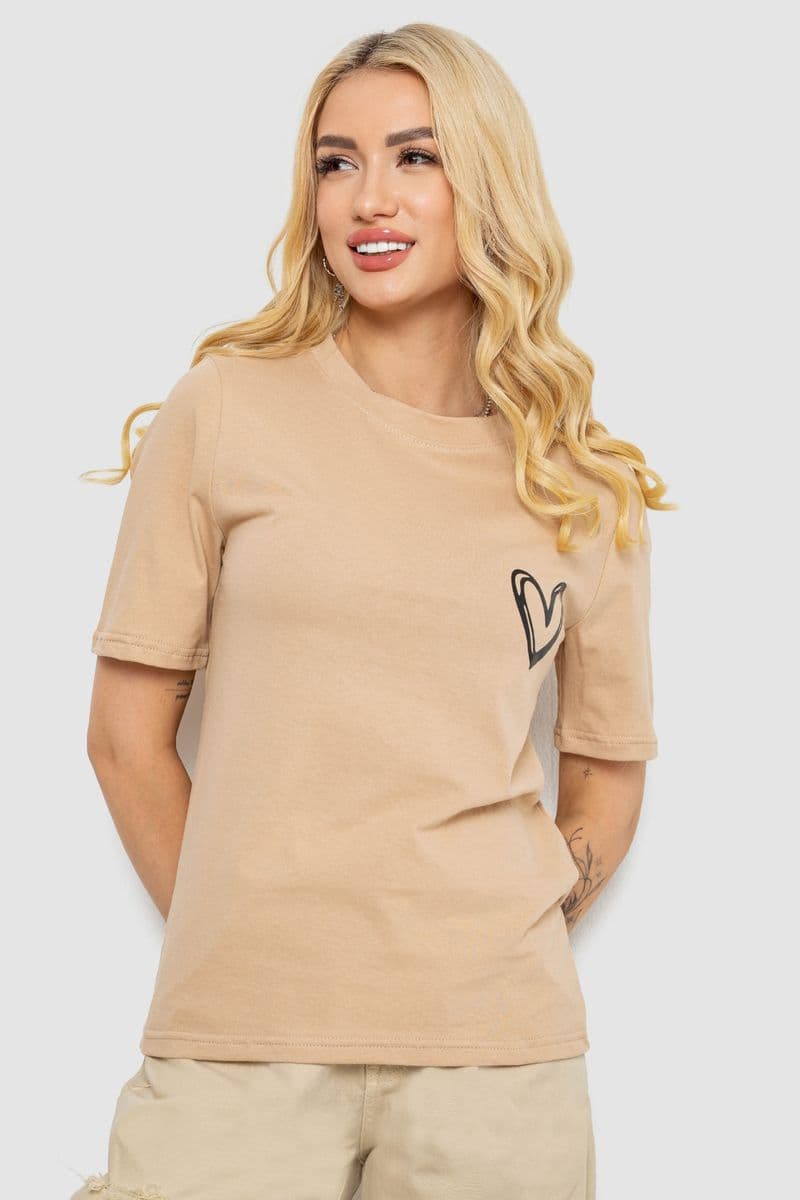Жіноча футболка з принтом, колір бежевий, 241R128 - зображення 1
