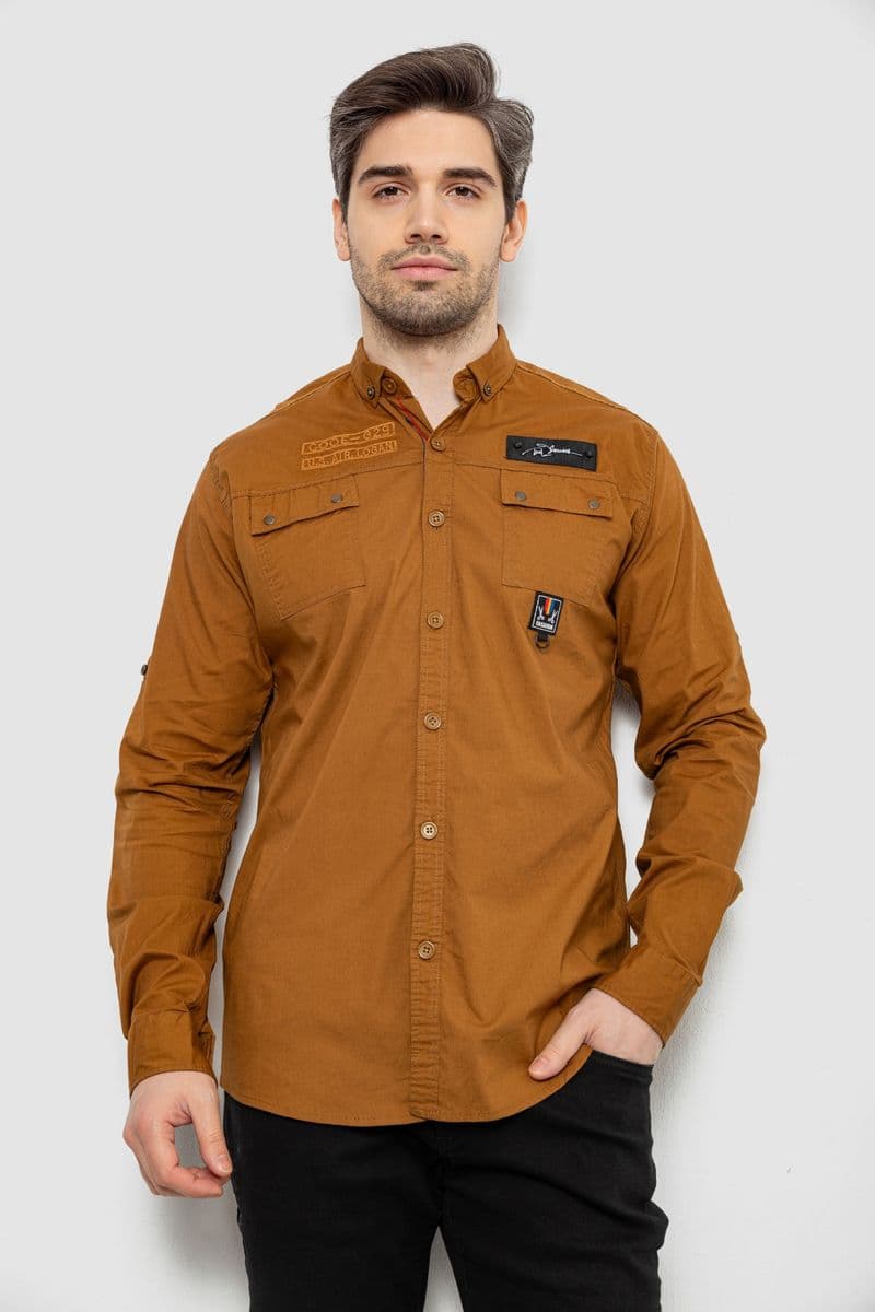Сорочка чоловіча однотонна з принтом, колір коричневий, 186R01 - зображення 1