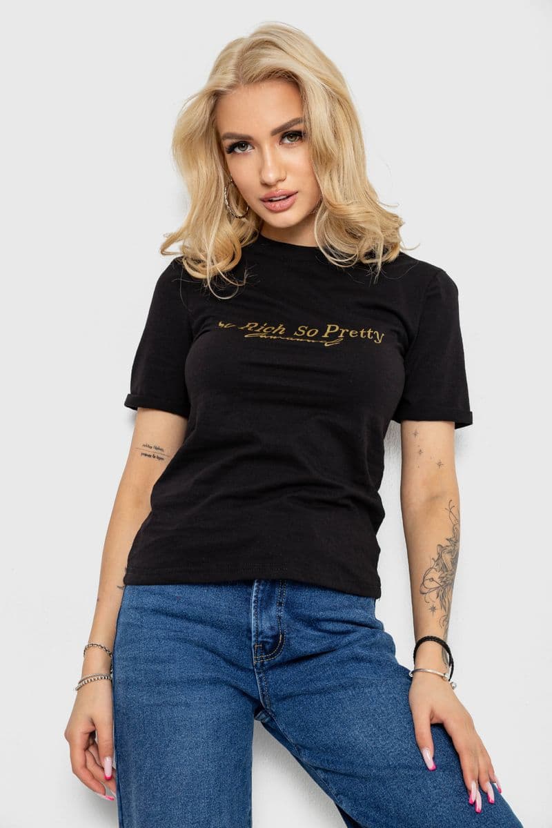 Футболка жіноча з принтом, колір чорний, 238R57399 - зображення 1
