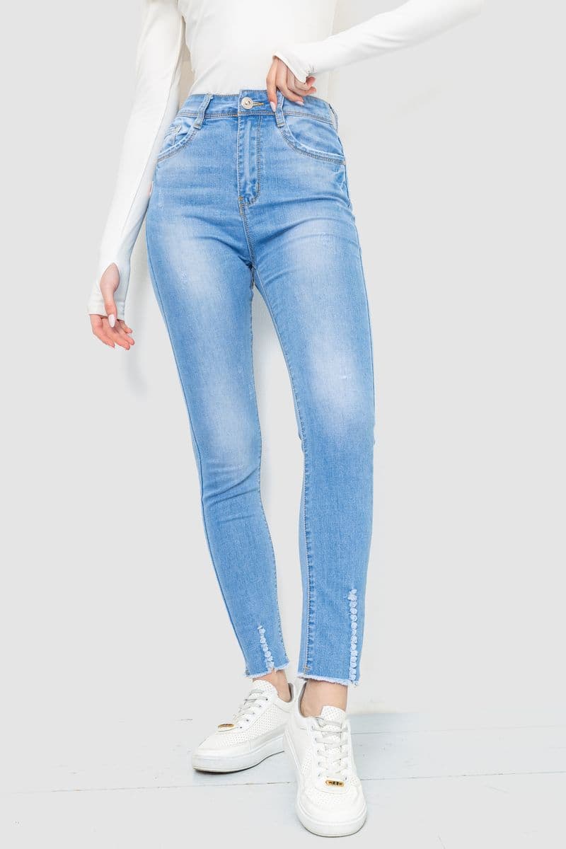 Джинси жіночі з потертостями, колір блакитний, 214R1530 - зображення 1