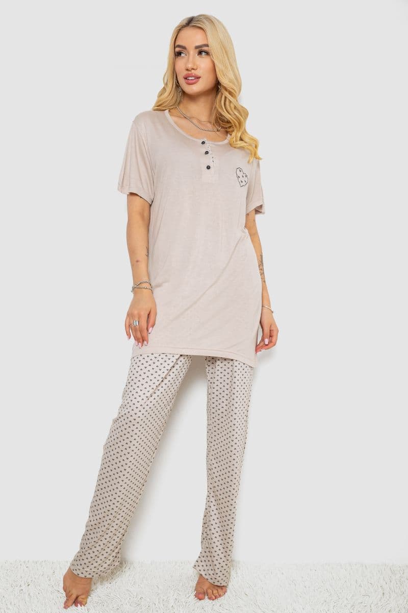 Піжама жіноча з принтом, колір бежевий, 243R7000 - зображення 1