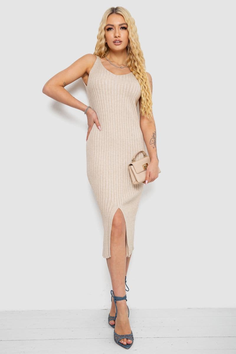 Сукня в'язана однотонна, колір бежевий, 244R1795 - зображення 1