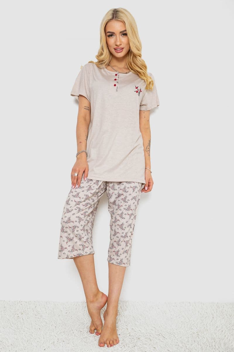 Піжама жіноча з принтом, колір бежевий, 243R6967 - зображення 1