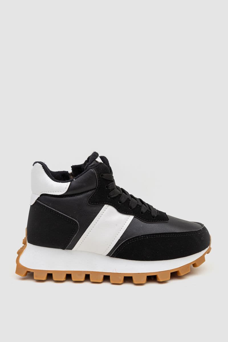 Кросівки жіночі з хутром, колір чорно-білий, 243RGM93 - зображення 1