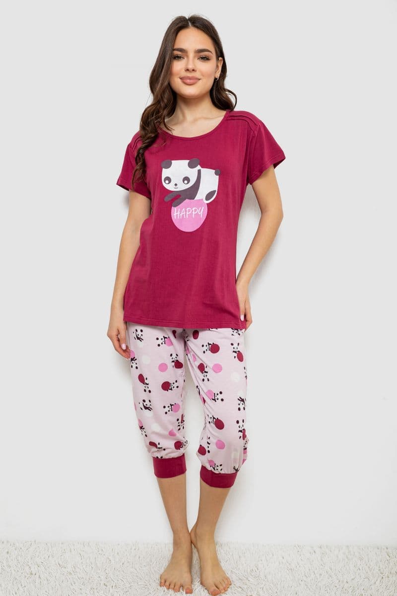 Жіноча піжама з принтом, колір бордовий, 243R1602-016 - зображення 1