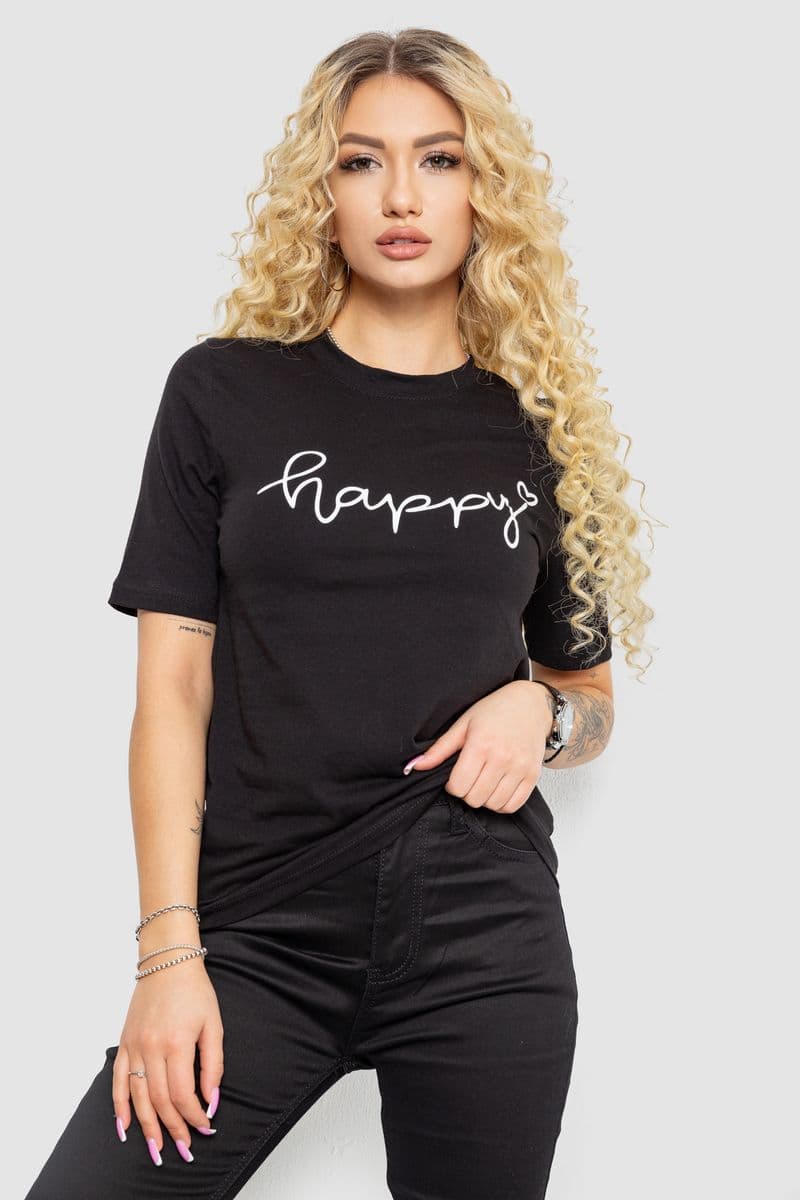 Жіноча футболка з принтом, колір чорний, 241R126 - зображення 1